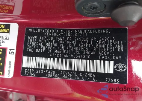 2021 Toyota Camry Le z USA, uszkodzony, nr VIN 4T1C11AK1MU544310